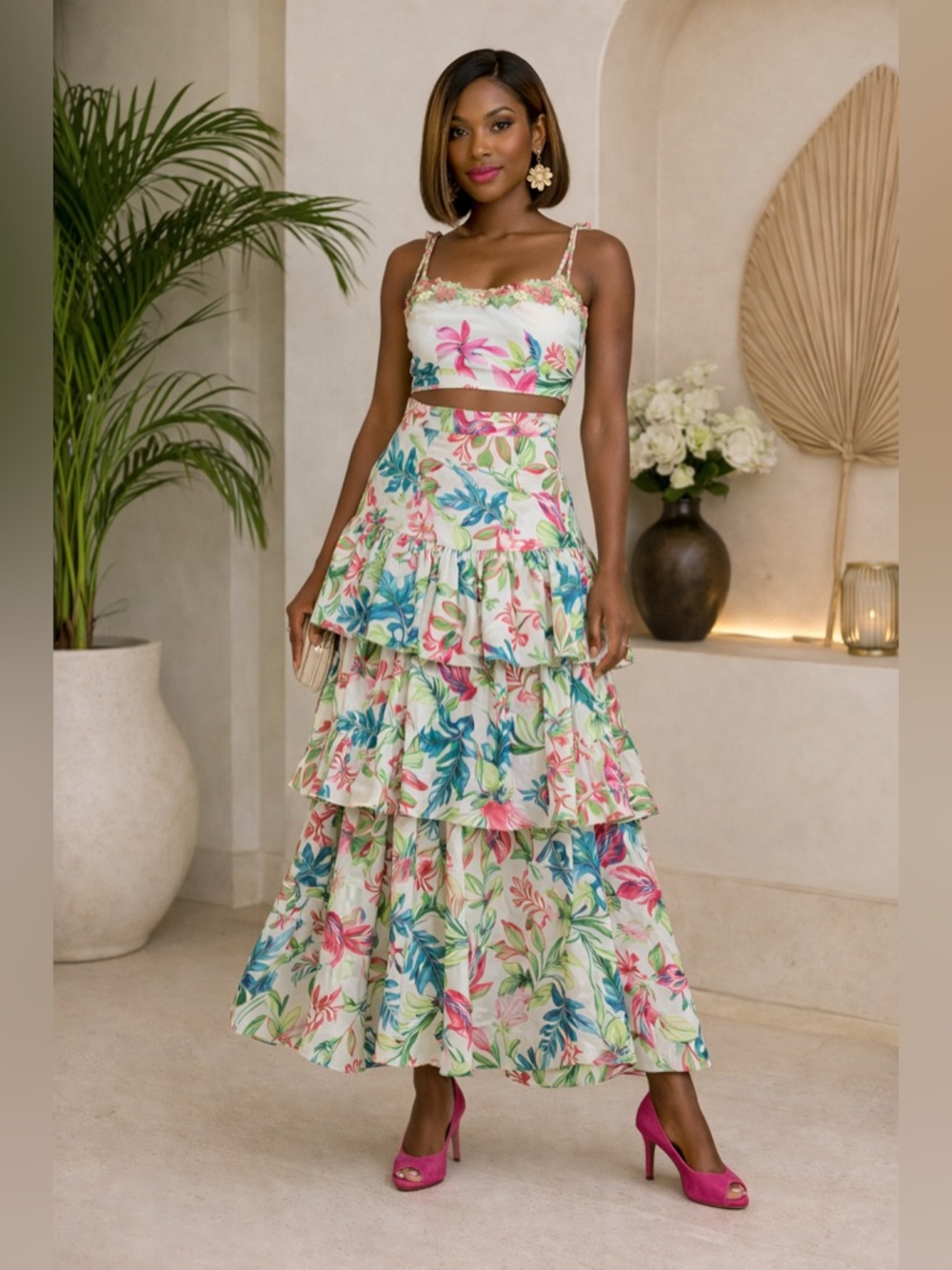 Floral Tiered Ruffle Maxi Skirt & Top Set - Multicolor